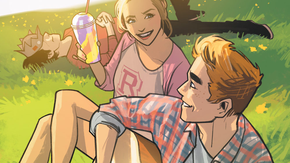 Archie plays guitar, Betty sips a drink, and Jughead takes a nap in the variant cover for Archie #1 (drawn by Fiona Staples).