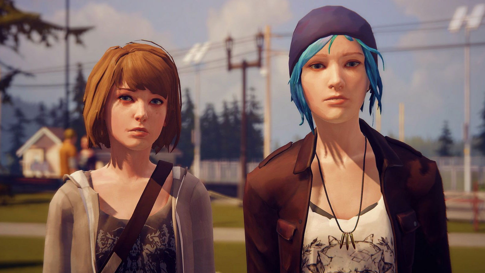 Max and Chloe stand on a lawn, faces slightly tense.