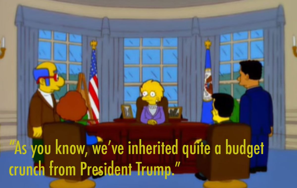 Future Lisa Simpson, now president, sits with her staff to discuss the previous president Donald Trump - something many claim as a prediction of the future.