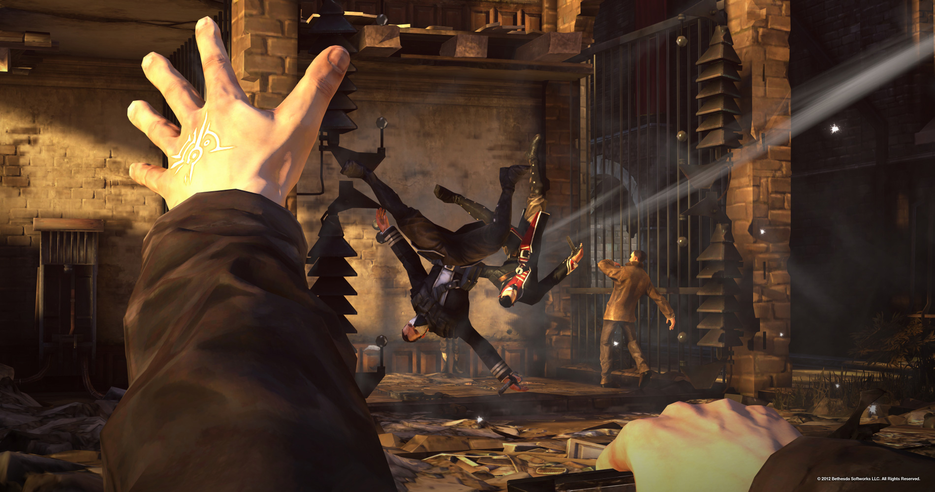 Corvo is raising his hand to use the Whirlwind power and toss a couple of guards into the air. The guards have been flipped upside-down in the air and are trailed by gusts. A strange mark glows on Corvo's hand.