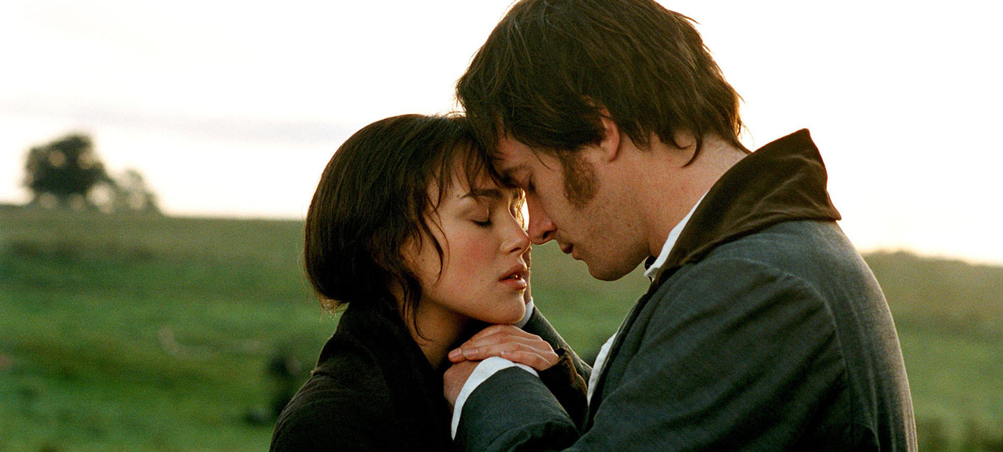 Elizabeth and Mr. Darcy stand close to each other with their foreheads touching. One of the famous scenes of Pride & Prejudice.