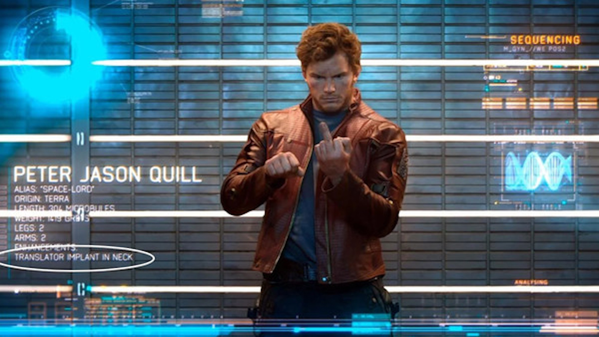 This is a shot from Guardians of the Galaxy (2014) where Peter Quill was giving Rhomann Day the middle finger during an evaluation.