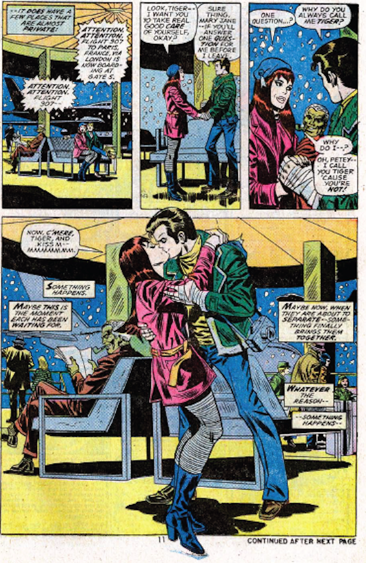 This comic strip was from Amazing Spider-Man #143 (1963), where Peter Parker and Mary Jane had their first kiss in an airport. 
