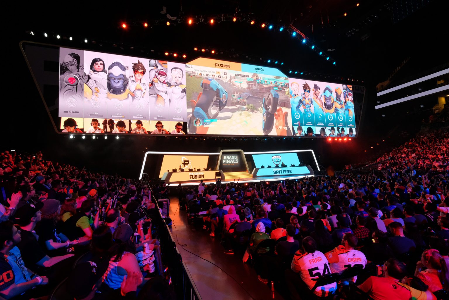 A filled stadium for the Overwatch League Grand Finals, a game between Philadelphia Fusion and London Spitfire.