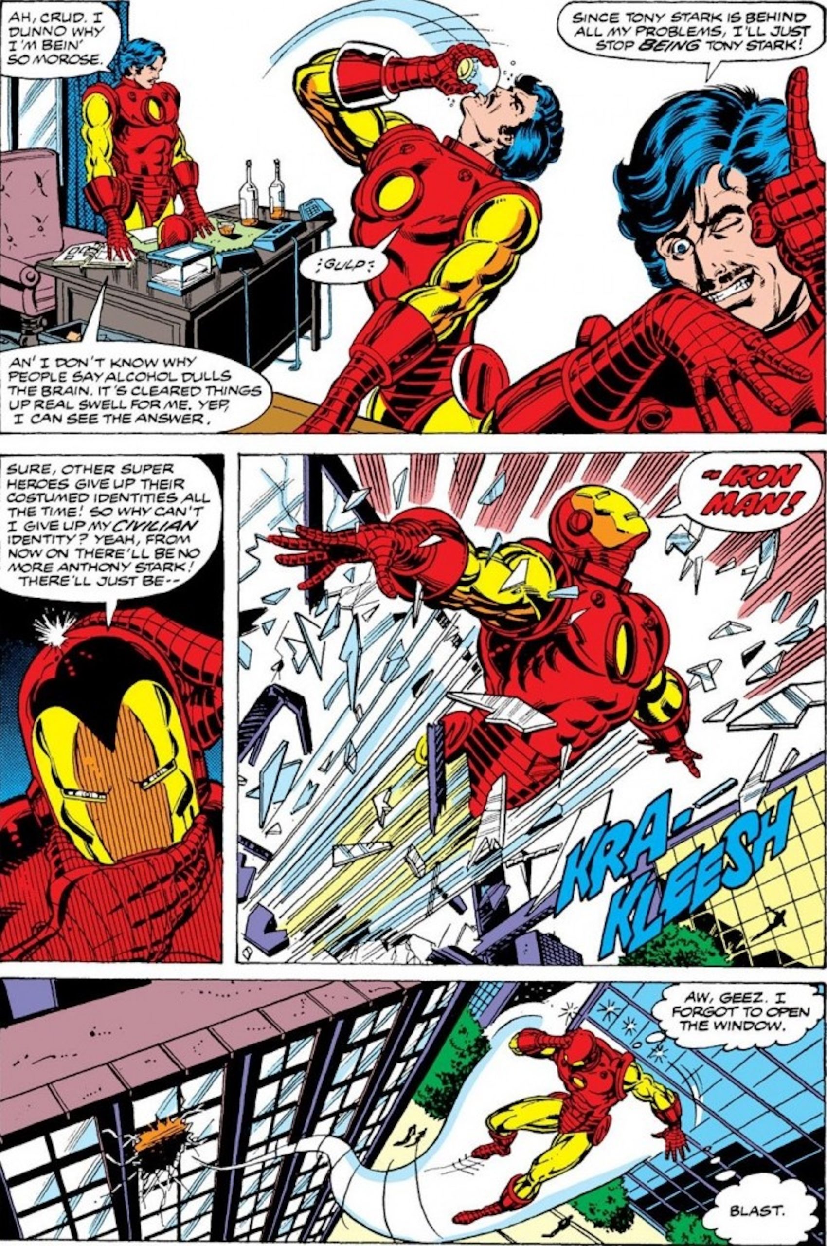 This is a comic strip from Iron Man Vol 1. #128 (1979), where a drunk Tony Stark blasted through his window. 