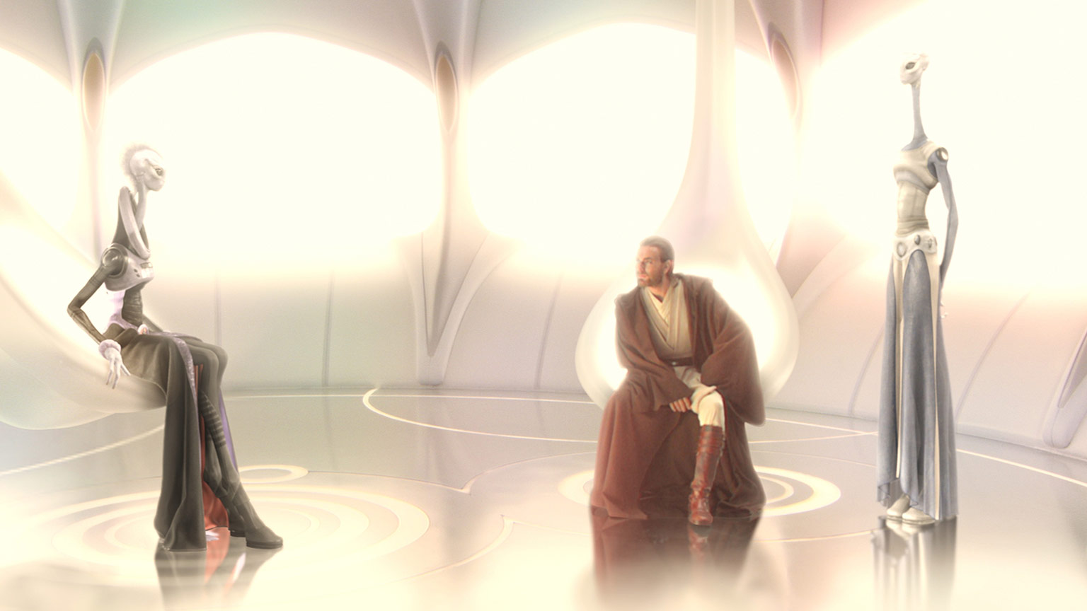 Obi-Wan meets with Lama Su and Taun We on the ocean planet of Kamino. 