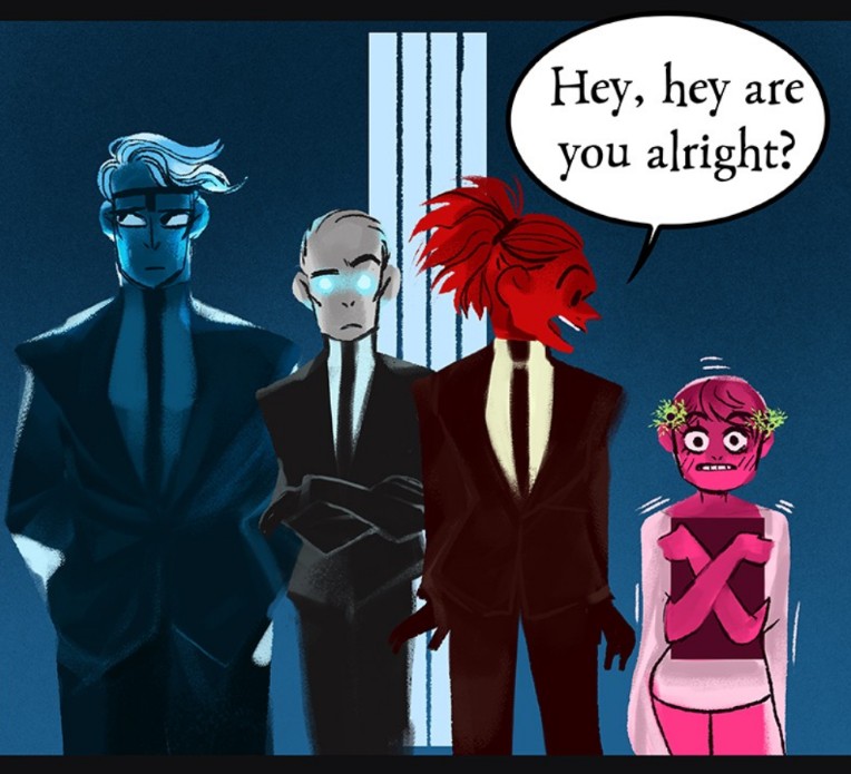 From left to right: Hades, Thanatos, Hermes, and Persephone in Rachel Smythe's Webtoon, Lore Olympus. 