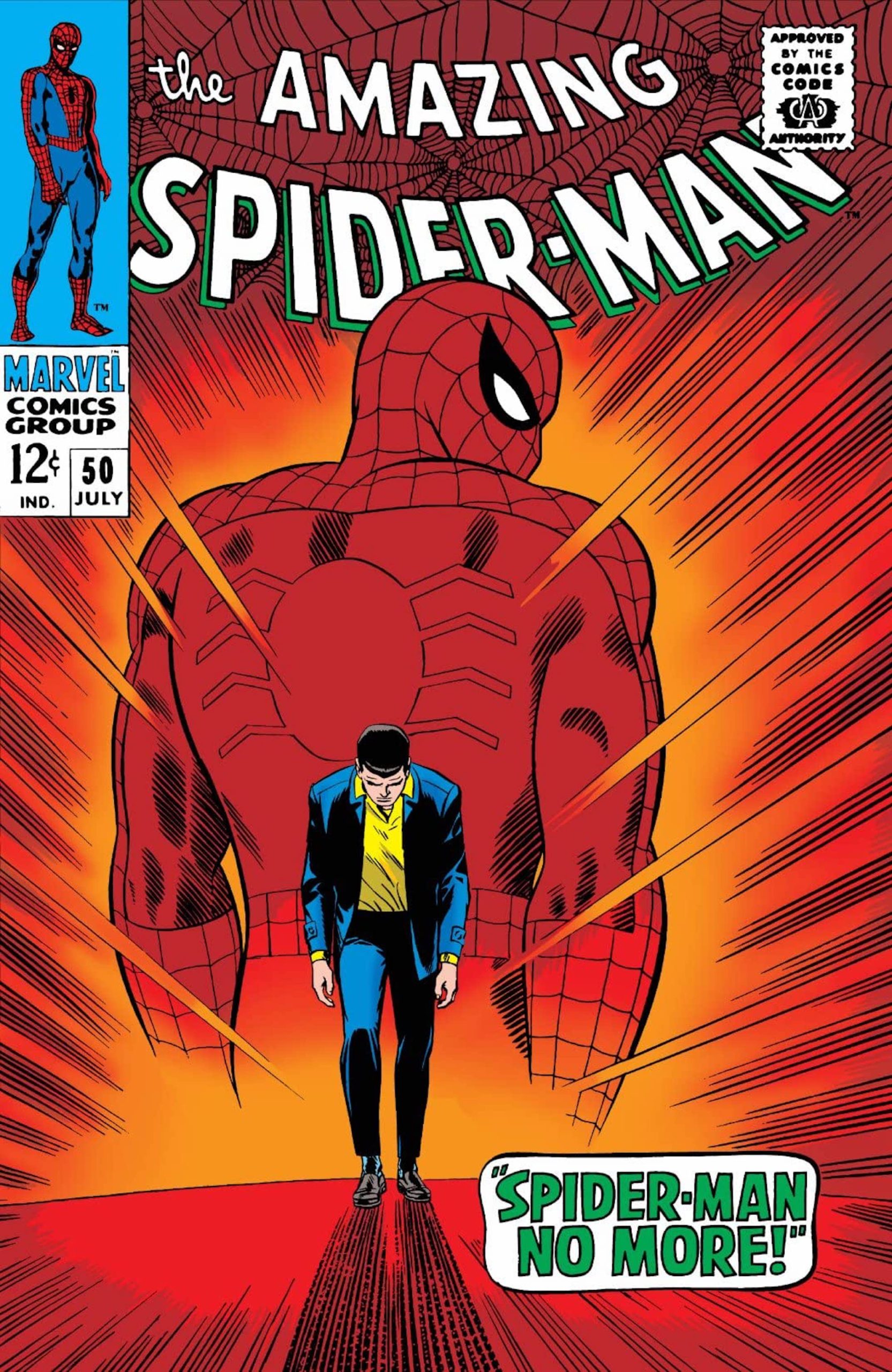 This image is the cover of The Amazing Spider-Man #50 (1967), showcasing Peter Parker walking away from his alter-ego. 