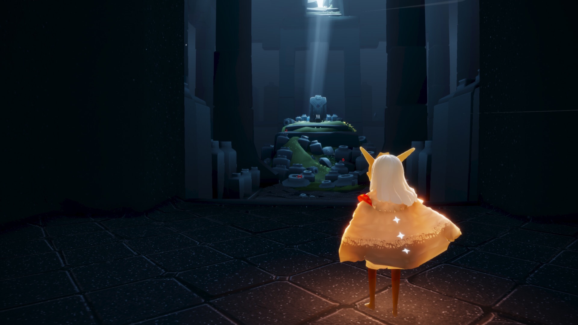 A player prepares to enter a temple at the end of a level.