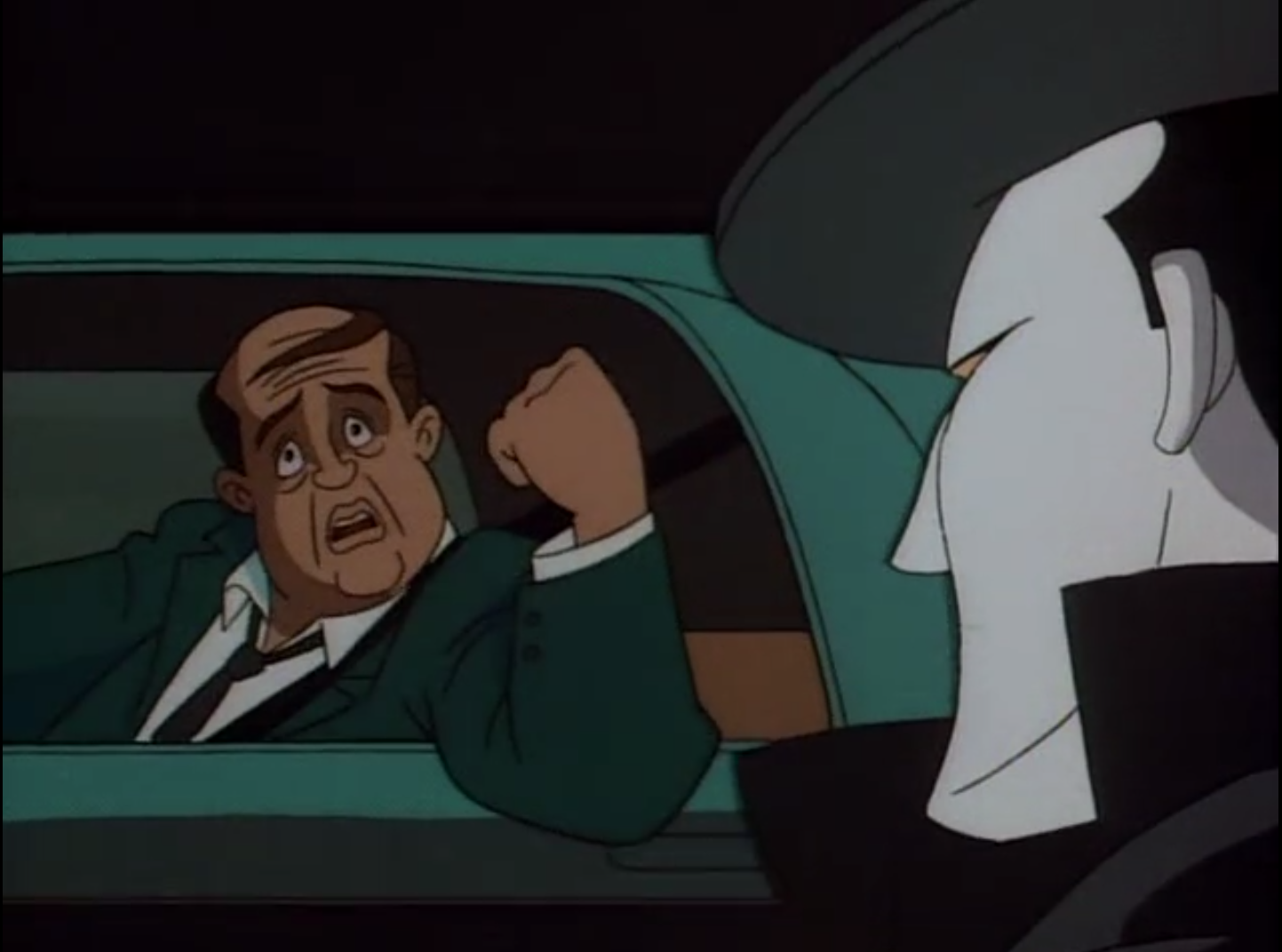 Charlie Collins in his car realizes that he has yelled at the Joker in the episode "Joker's Favor" from Batman: The Animated Series.