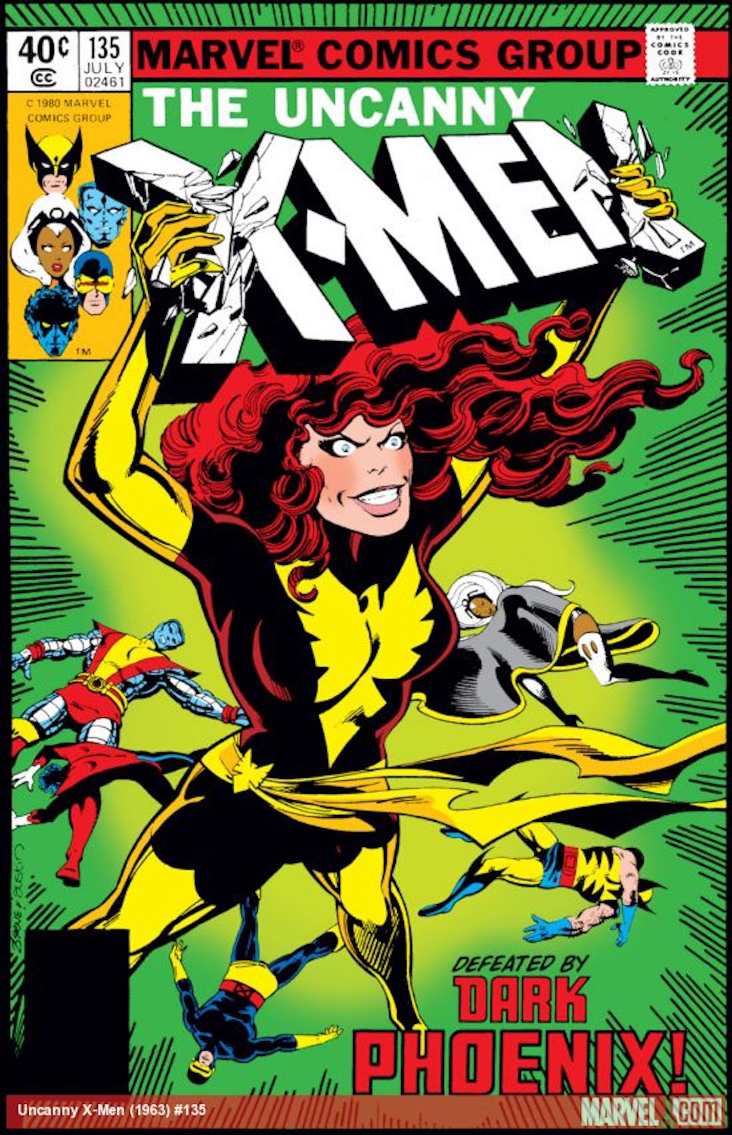 This image showcases the cover of The Uncanny X-Men #135 (1980), where Jean Grey turned into Dark Phoenix. 