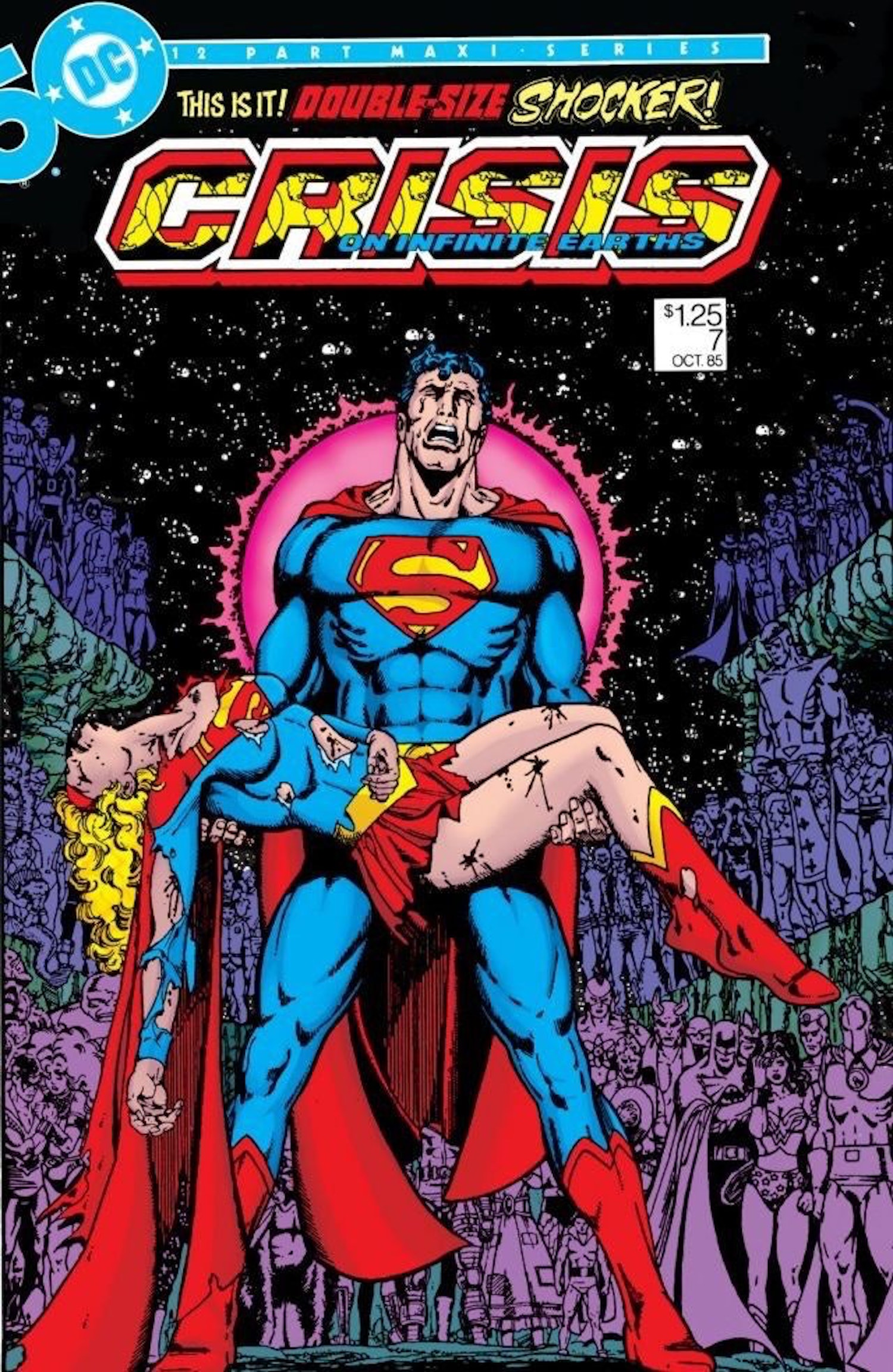 This image is the comic book cover of Crisis on Infinite Earths Vol 1 #7 (1985), where Superman is holding a lifeless Supergirl, in front of several other DC characters.