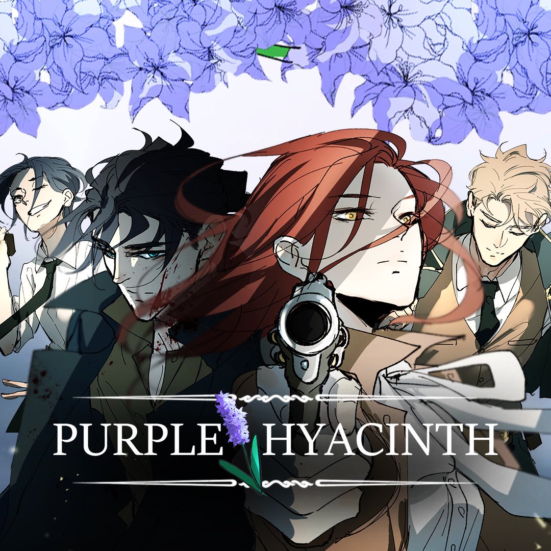 The cast of characters in the Webtoon Purple Hyacinth by Ephemerys and Sophism. From left to right: Kim, Kieran, Lauren, Will. 