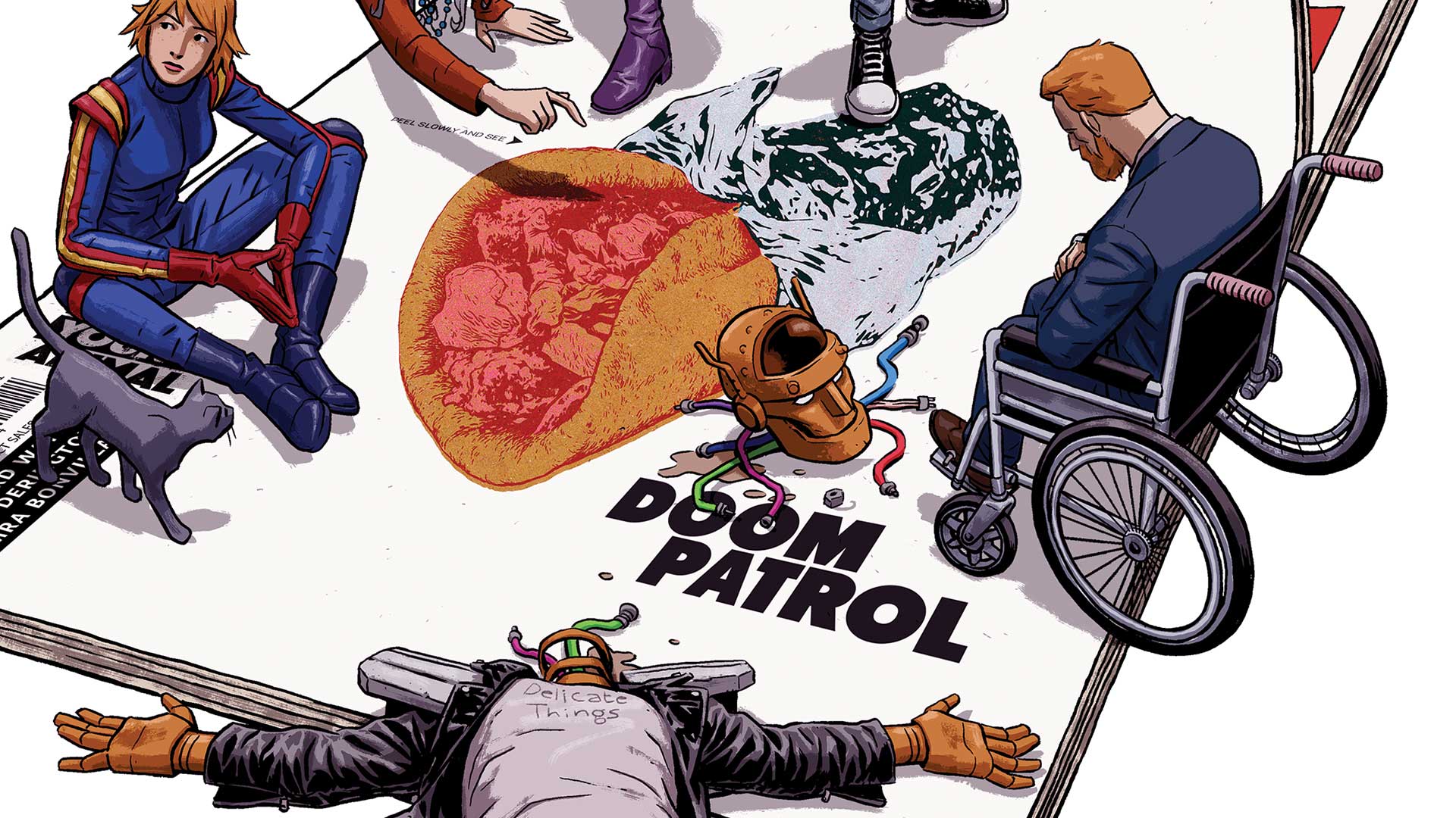 Various characters of the Doom Patrol are seen arranged around an issue of Doom Patrol in the cover for Doom Patrol Vol. 1: Brick by Brick.
