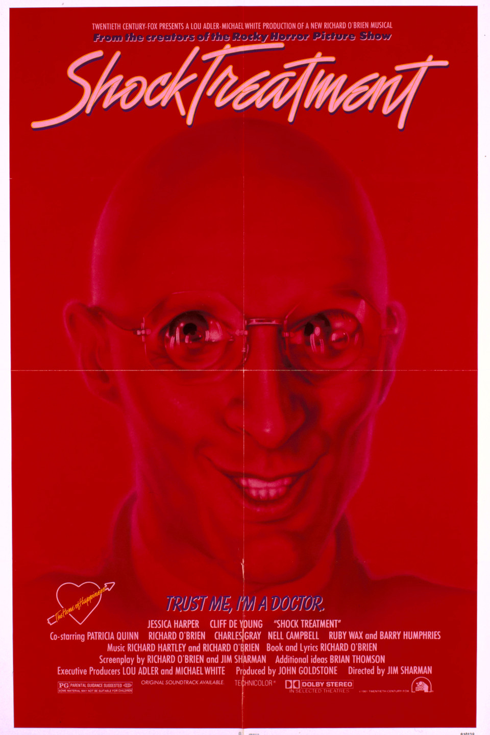 A red movie poster, featuring Richard O'Brien with a creepy grin. The tagline for Shock Treatment reads, "Trust me, I'm a doctor."