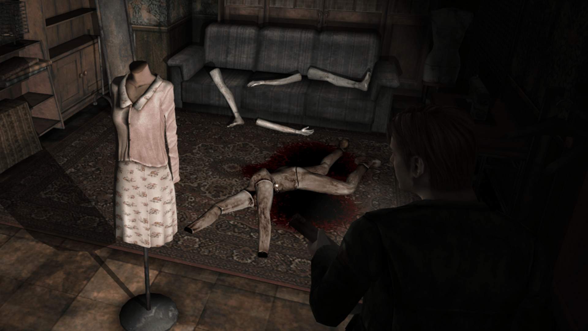 James stands in an abandoned apartment. There is a monster made of mannequin legs lying on the floor in a pool of blood. A dress mannequin wearing Mary's outfit is in front of it.