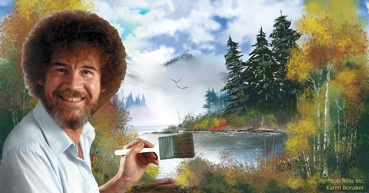 A bright landscape painting with Bob Ross smiling in the forefront holding a paintbrush.
