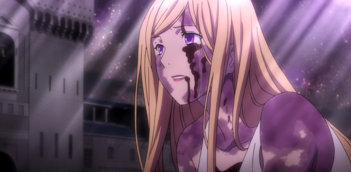 Bishamon, covered in purple markings known as blight, sits in front of her home crying and visibly injured.