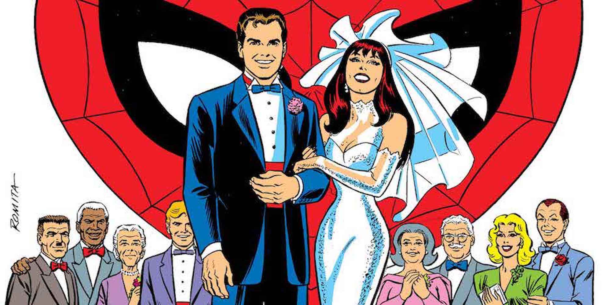 This is an image from Amazing Spider-Man Annual #21 (1987), where Mary Jane holds Peter Parker's arm in front of their wedding guests.