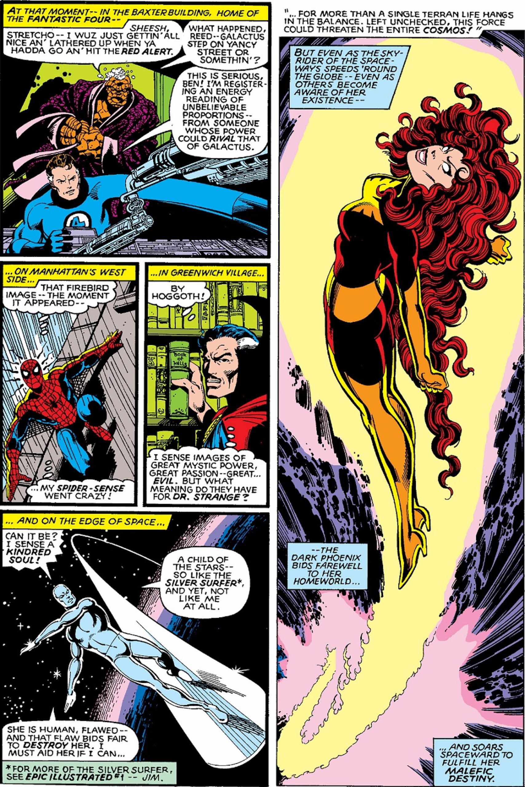 This is a comic strip from The Uncanny X-Men #135 (1980), where Dark Phoenix soared off into the sky to cause more destruction to the galaxy. 