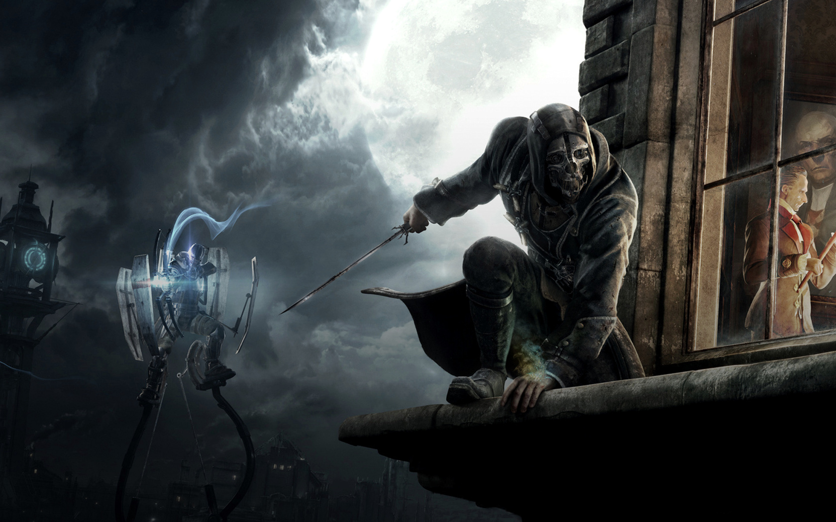 Corvo from "Dishonored" on a ledge with a tallboy in the background.