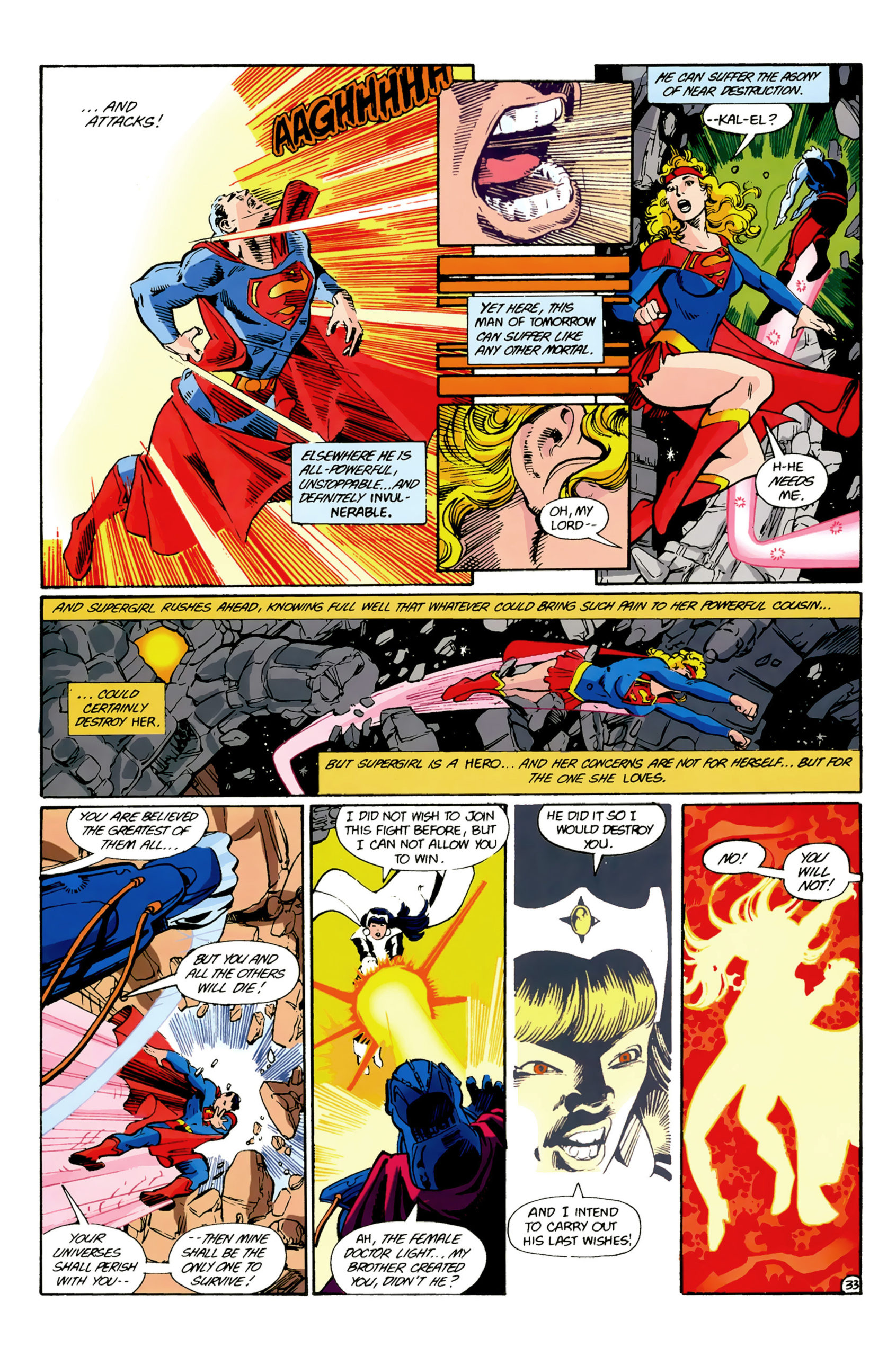 This image shows a comic strip from Crisis on Infinite Earths Vol. 1 #7 (1985), where Supergirl is attempting to save Superman from Anti-Monitor. 