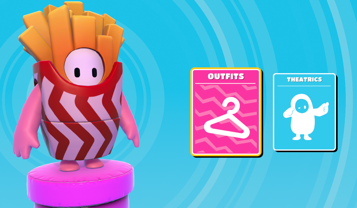 A fall guy character being customized with a french fry costume. 