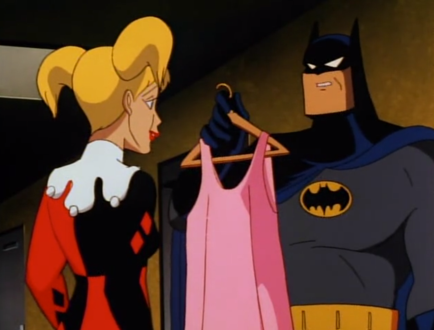 Batman gives Harley Quinn a dress after her long, bad day at the end of "Harley's Holiday" from Batman: The Animated Series.
