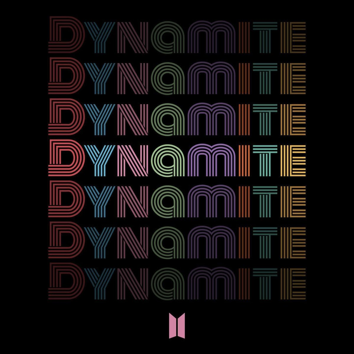 The album cover for the "Dynamite" single with a black background and the word "Dynamite" in multiple colors. 