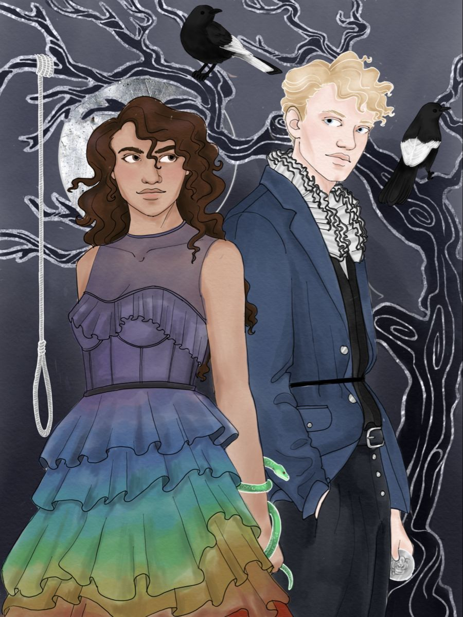 A fan art drawing shows Lucy Gray in her rainbow dress and Coriolanus in a blue jacket.