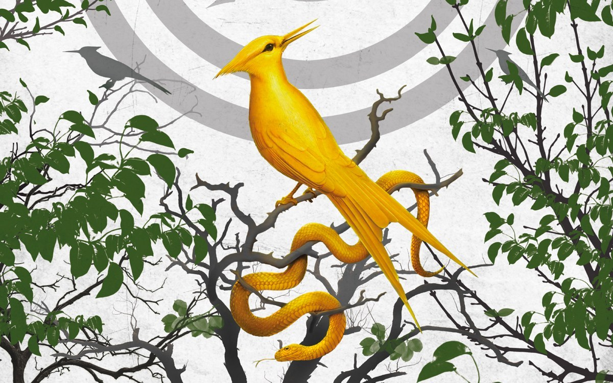 The journal color for The Ballad of Songbirds and Snakes features a yellow bird and a yellow snake in front of a white background.
