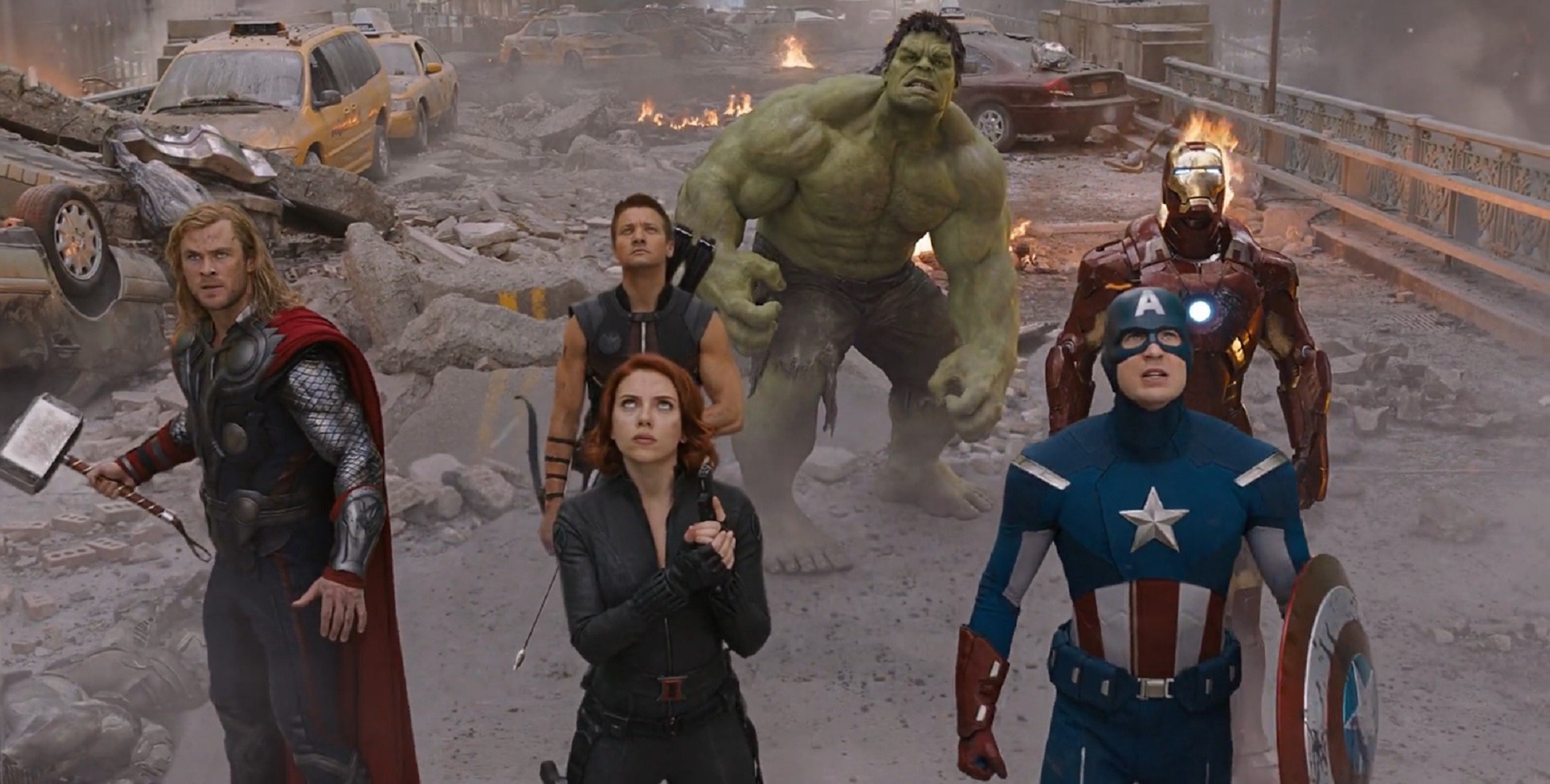 This is a shot from The Avengers (2012) when The Hulk, Thor, Iron Man, Captain America, Black Widow, and Hawkeye were all in battle together.