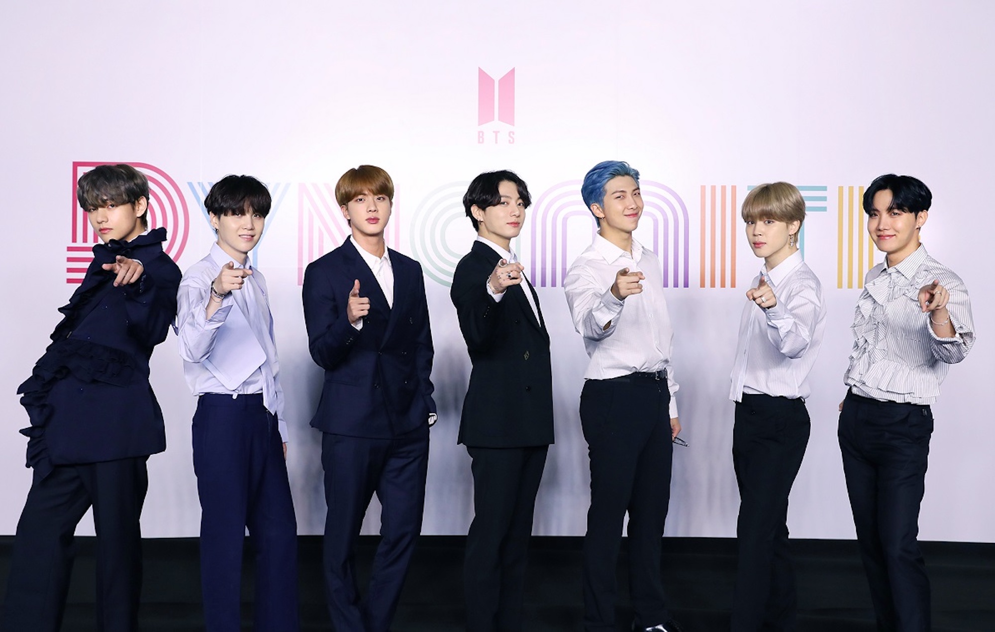 K-pop group BTS posing during their press conference for Dynamite.  