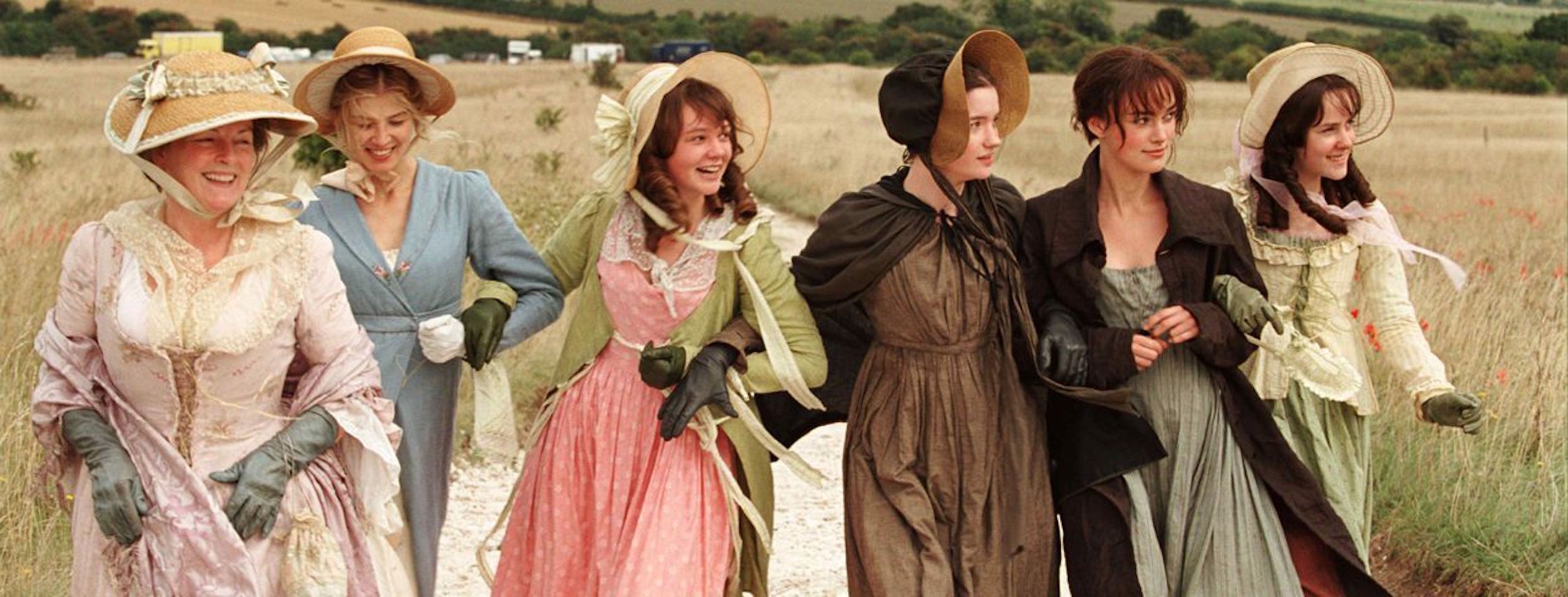 The Bennet women walking together. (left to right) Mrs. Bennet, Jane, Kitty, Mary, Elizabeth, Lydia.