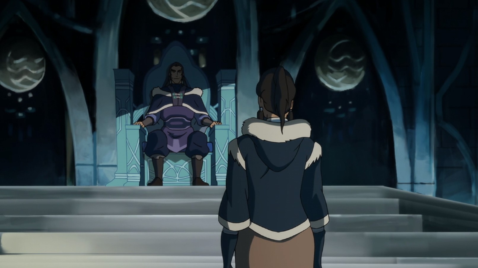 Korra and Unalaq from The Legend of Korra in the Southern Water Tribe throne room