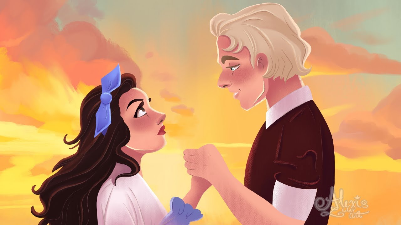 A fan art drawing shows Lucy Gray Baird (left) holding hands with a young Coriolanus Snow (right) in front a sunset backdrop.