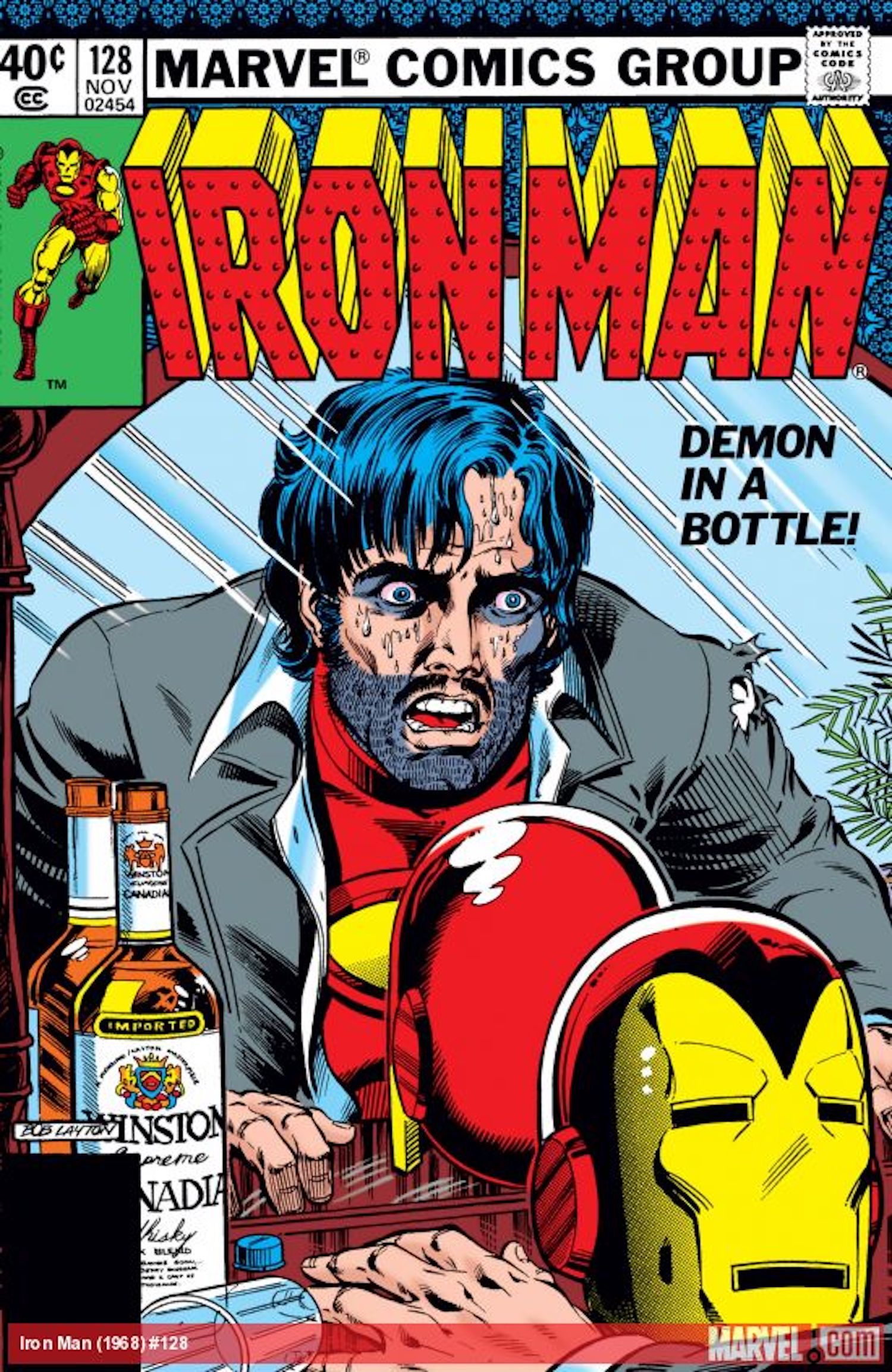 This image is the cover of Iron Man Vol. 1 #128 (1979), where Tony Stark is seen staring himself in the mirror, looking drunk and completely disheveled. 