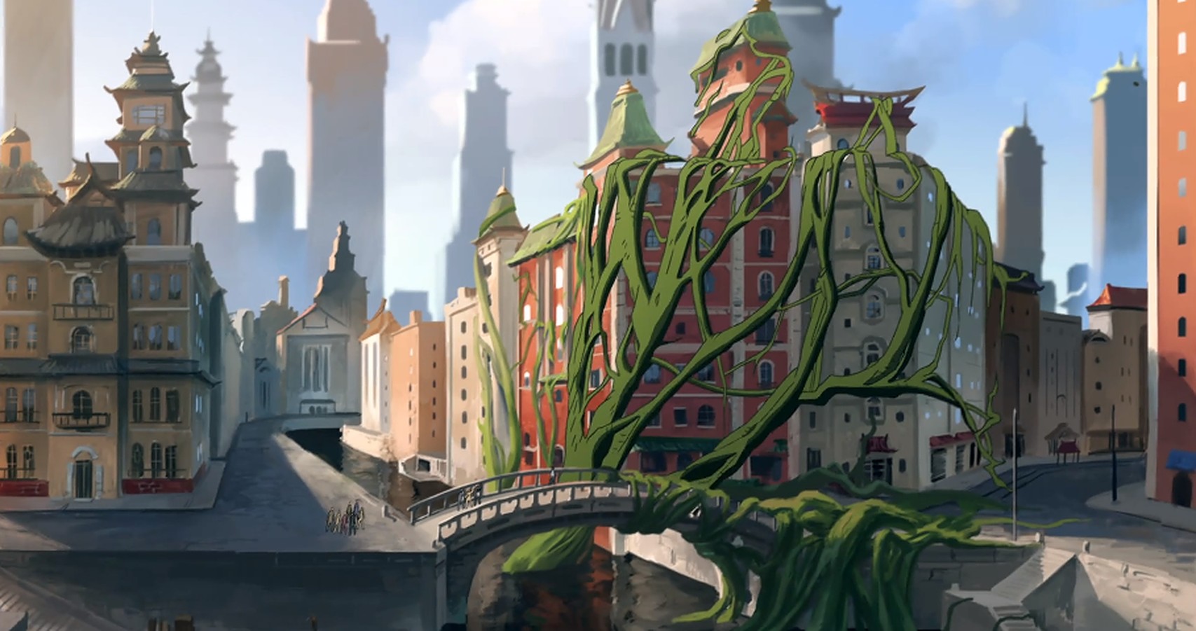Republic City from The Legend of Korra covered in spirit vines