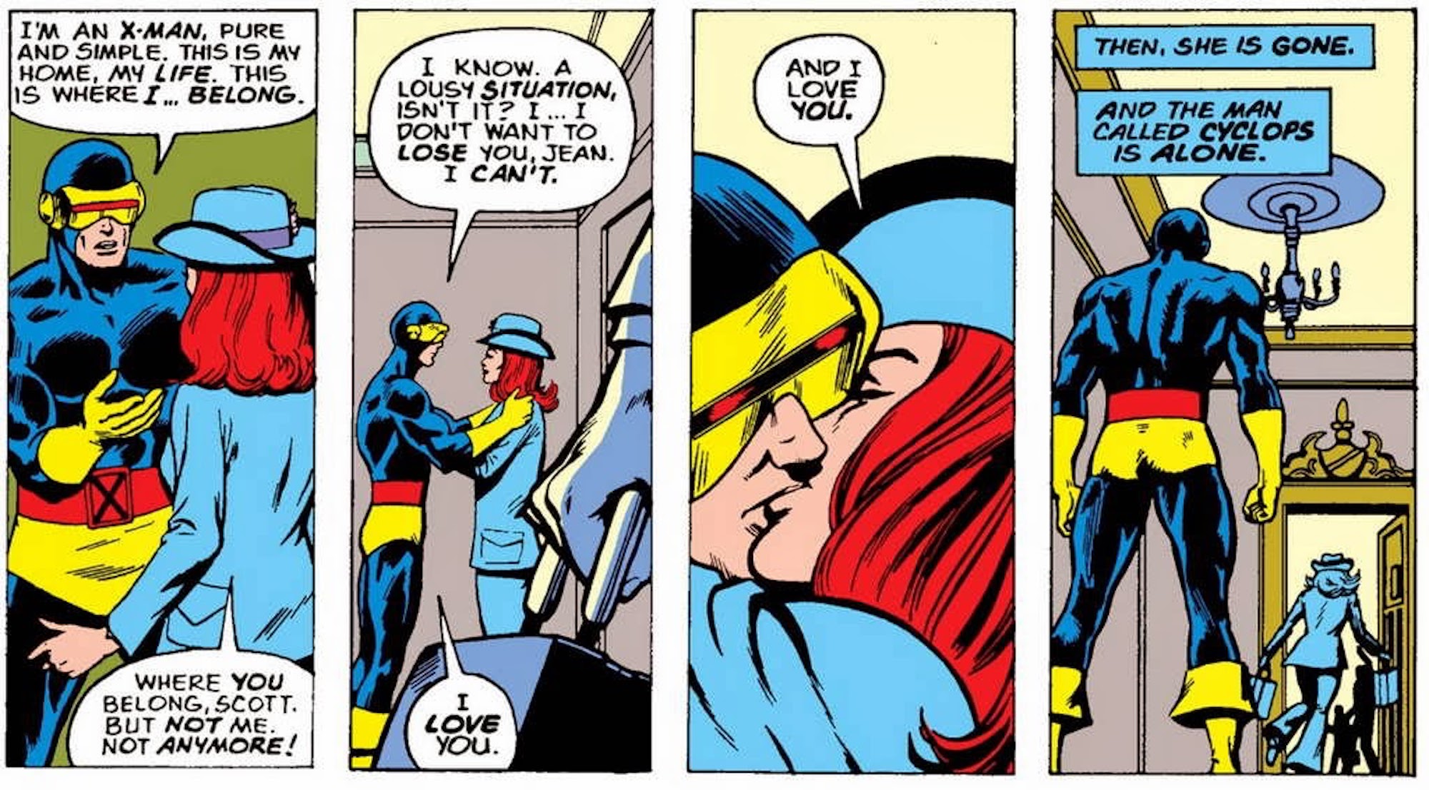 This image shows a comic strip from X-Men #94 (1975), where Phoenix kissed Cyclops before she left to venture off in the real world. 