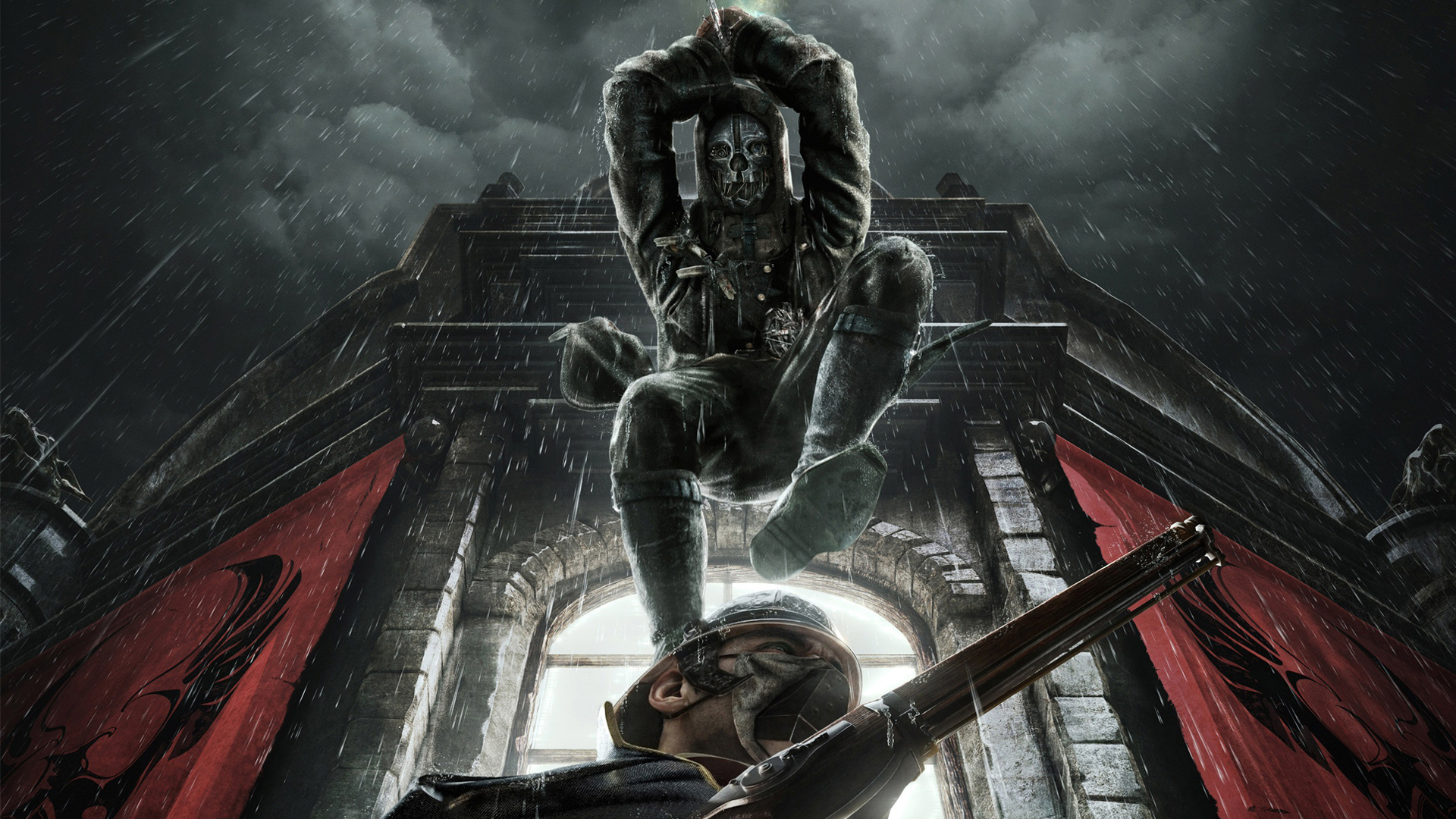 Corvo in his skull-shaped mask, leaping from the top of a building with his blade out. He is about to land on and stab a guard.