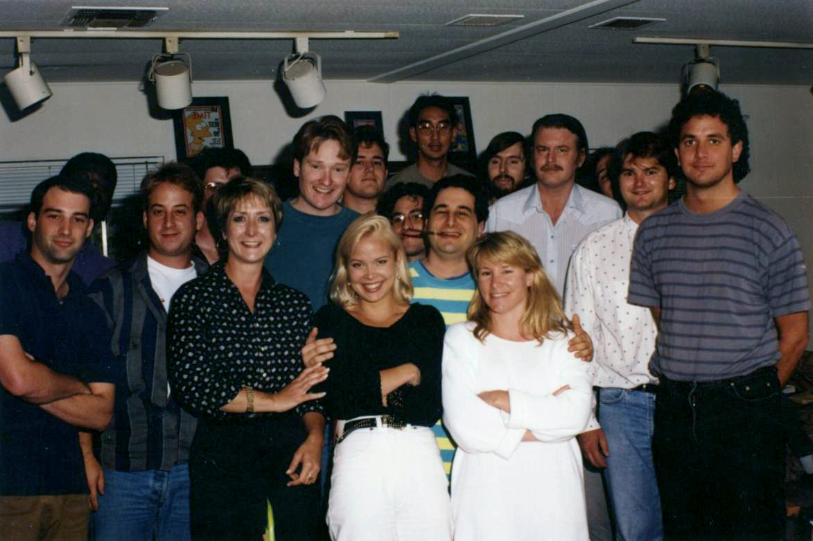 The team of writers for The Simpsons in 1992 pose for a photo.