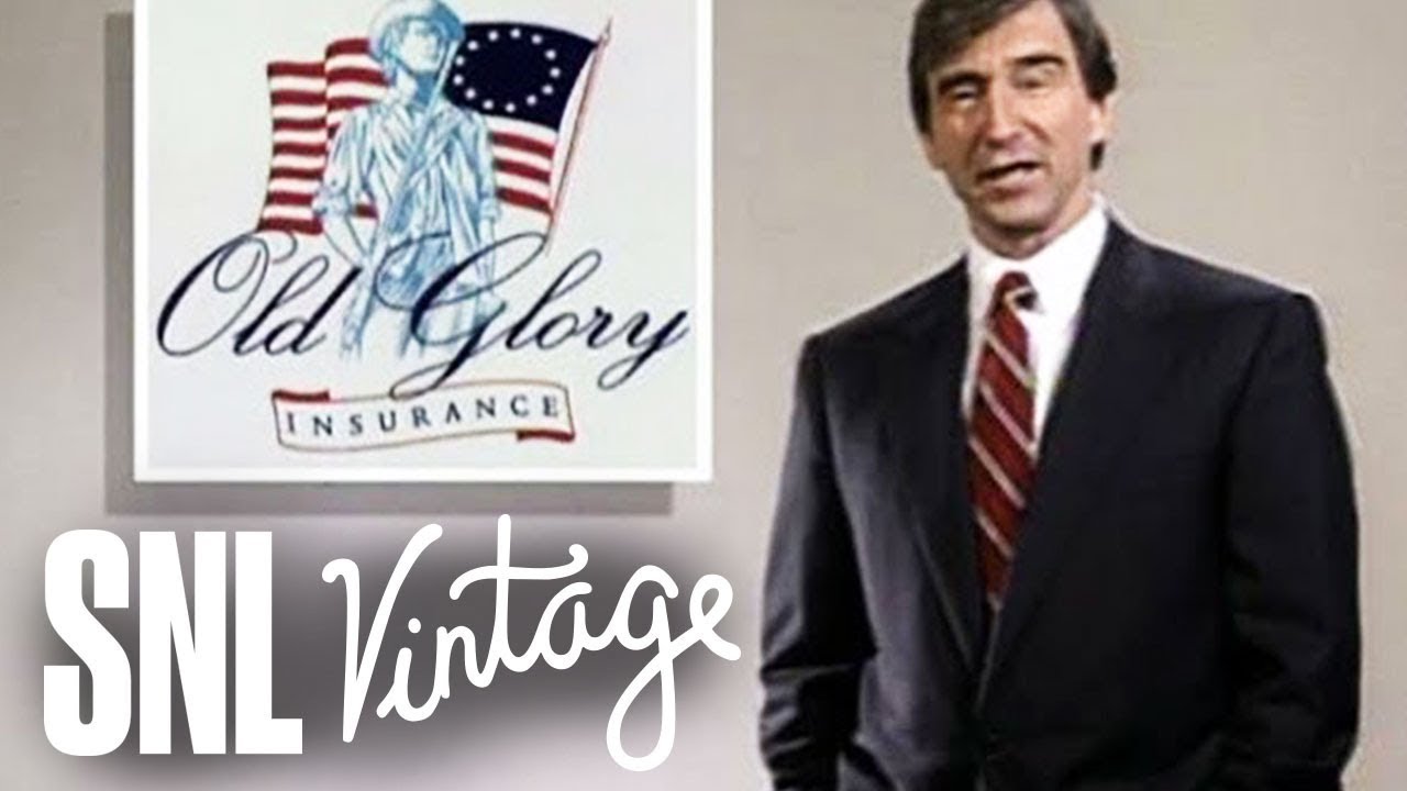 Sam Waterston advertises the fictional "Old Glory" insurance company, mocking AARP commercials. 