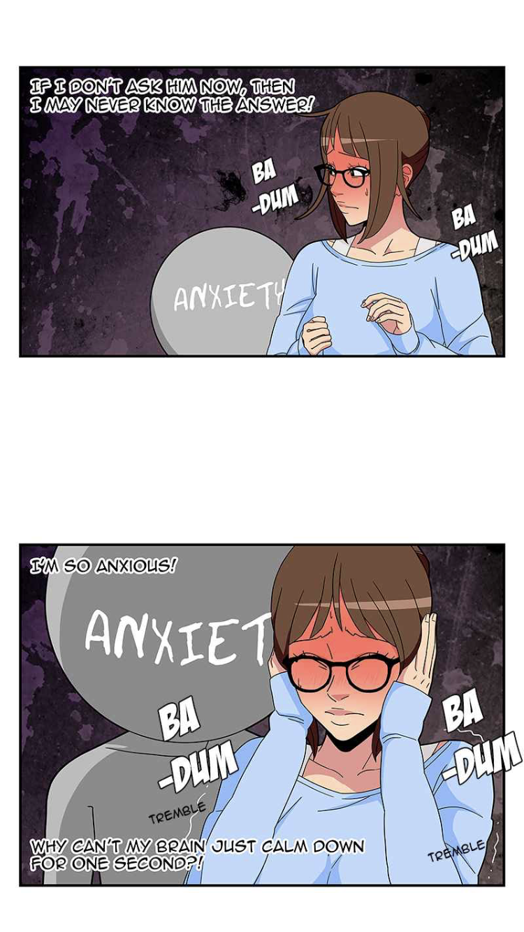 Sam dealing with anxiety in Mongie's Webtoon, Let's Play. 