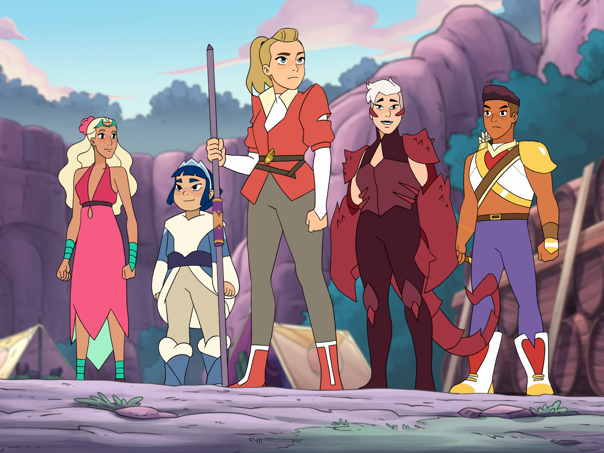 Adora stands alongside her friends in a makeshift rebel camp as they await an attack.