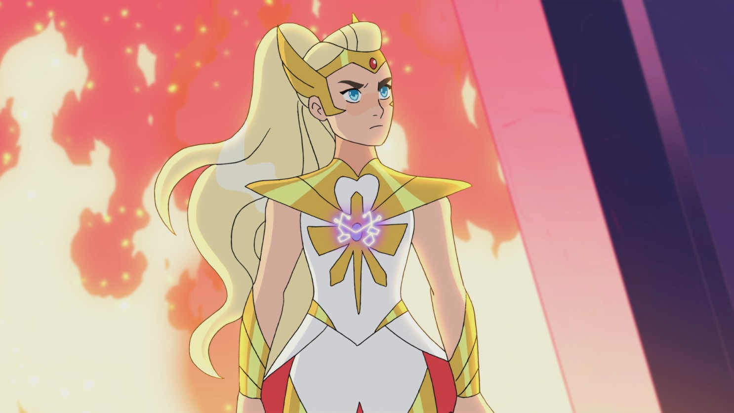 Adora stands in front of a flame trap as her own She-Ra, with a new version of the outfit.