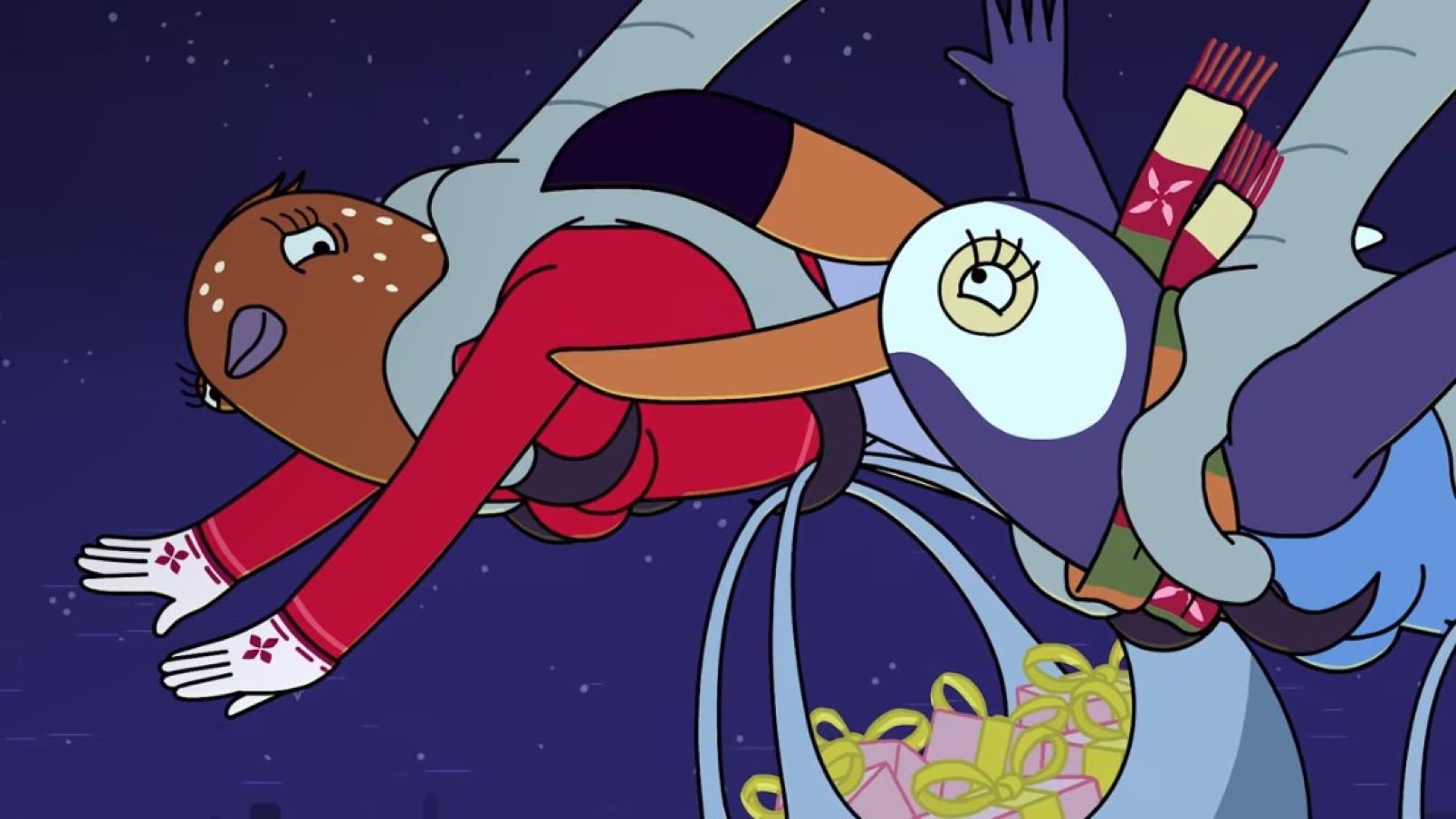 Tuca and Bertie from Tuca and Bertie ride through the air with a hawk.