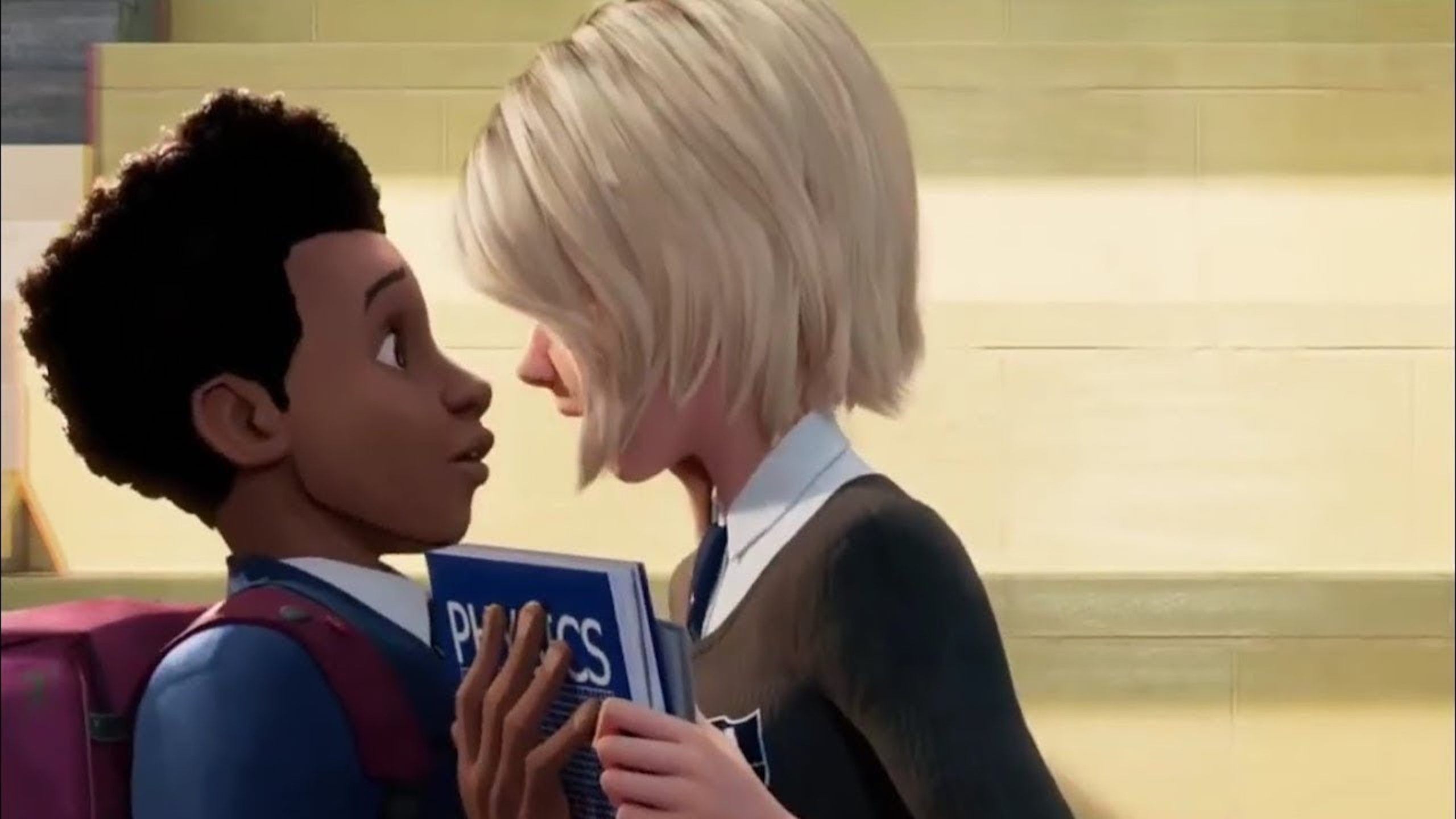 This image is from Spider-Man: Into the Spider-Verse, where Miles "spidey" stick hands got stuck in Gwen's hair. 