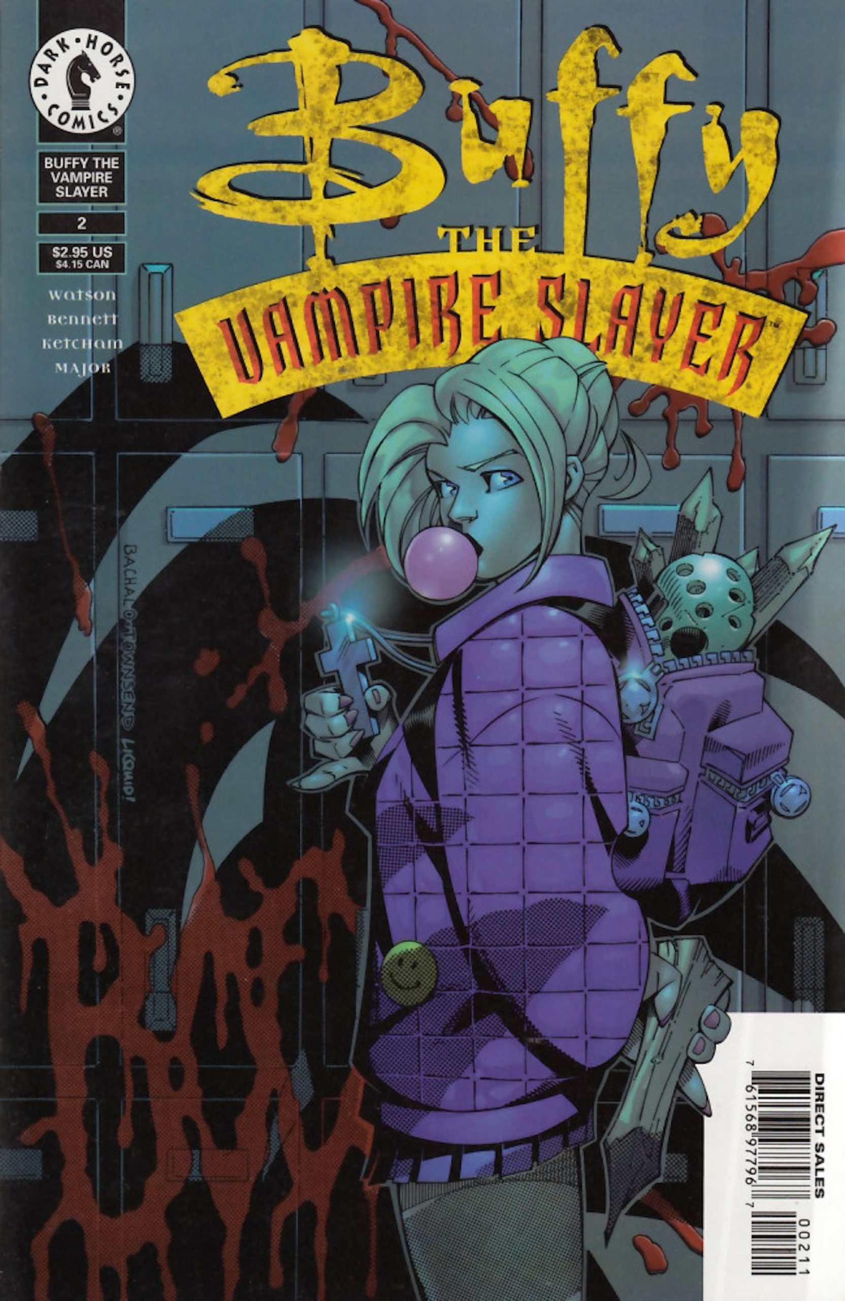 This image is the cover of Buffy The Vampire Slayer Classic #2 (1998), where Buffy can be seen holding a cross and chewing bubble gum by a bunch of bloody lockers. 