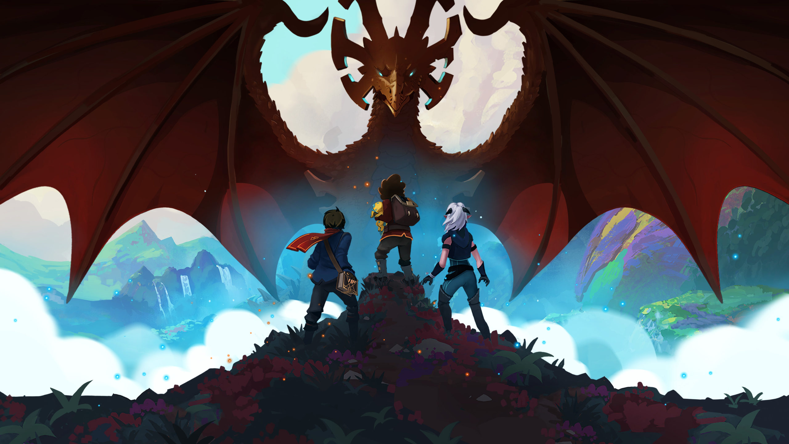 Art for The Dragon Prince, in which the main characters stand before an imposing red dragon.