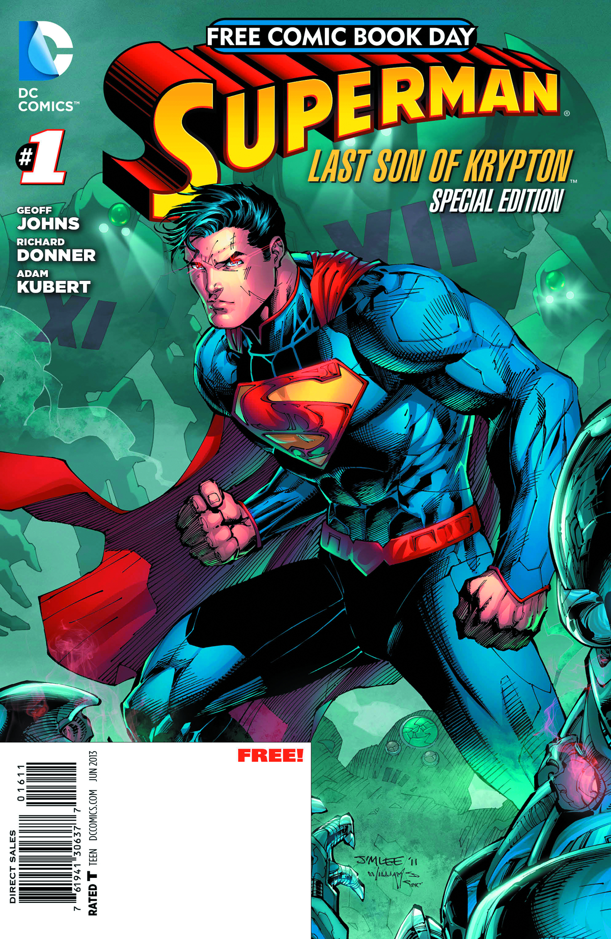Superman: Last Son of Krypton #1 cover, free comic book day edition. Superman standing against rumble. 